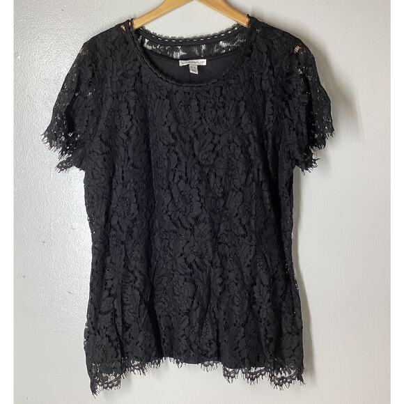 Isaac Mizrahi Tops - Isaac Mizrahi LIVE Large Shirt  Black Floral Flower Lace Short Sleeve Round Neck
